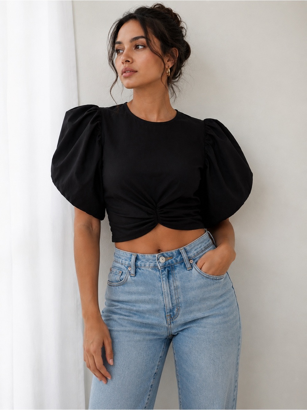 Zara Black Puff Sleeve Crop Blouse